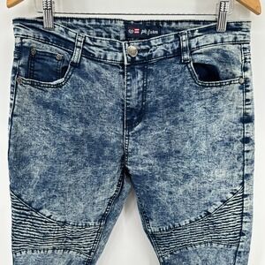 Phat Farm Skinny Moto Jeans Mens 32x30 Blue Denim Acid Wash Stretch Streetwear